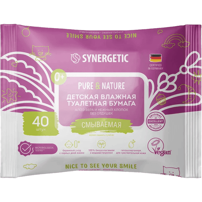Влажная туалетная бумага SYNERGETIC Pure&Nature, Детская (40 салф.упак), Алоэ вера и нежный хлопок