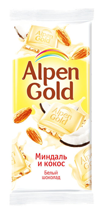 Шоколад "Alpen Gold" 80 г, белый кокос и миндаль Шоколад "Alpen Gold" 80 г, белый кокос и миндаль