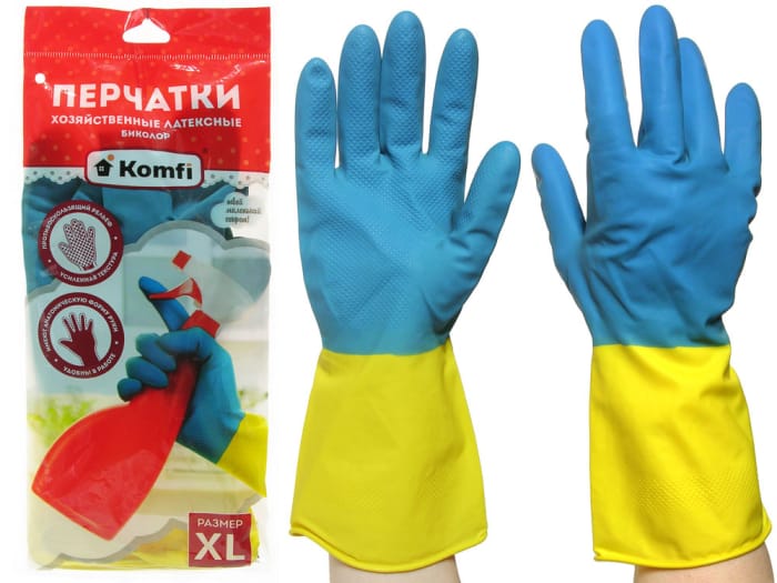 Перчатки латексные хозяйственные Биколор синий+желтый 47г Komfi, XL (bicolo4) Перчатки латексные хозяйственные Биколор синий+желтый 47г Komfi, XL (bicolo4)