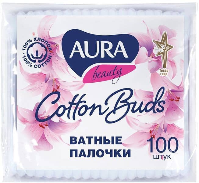 Ватные палочки для ушей "AURA" пакет (100 шт.упак) Ватные палочки для ушей "AURA" пакет (100 шт.упак)